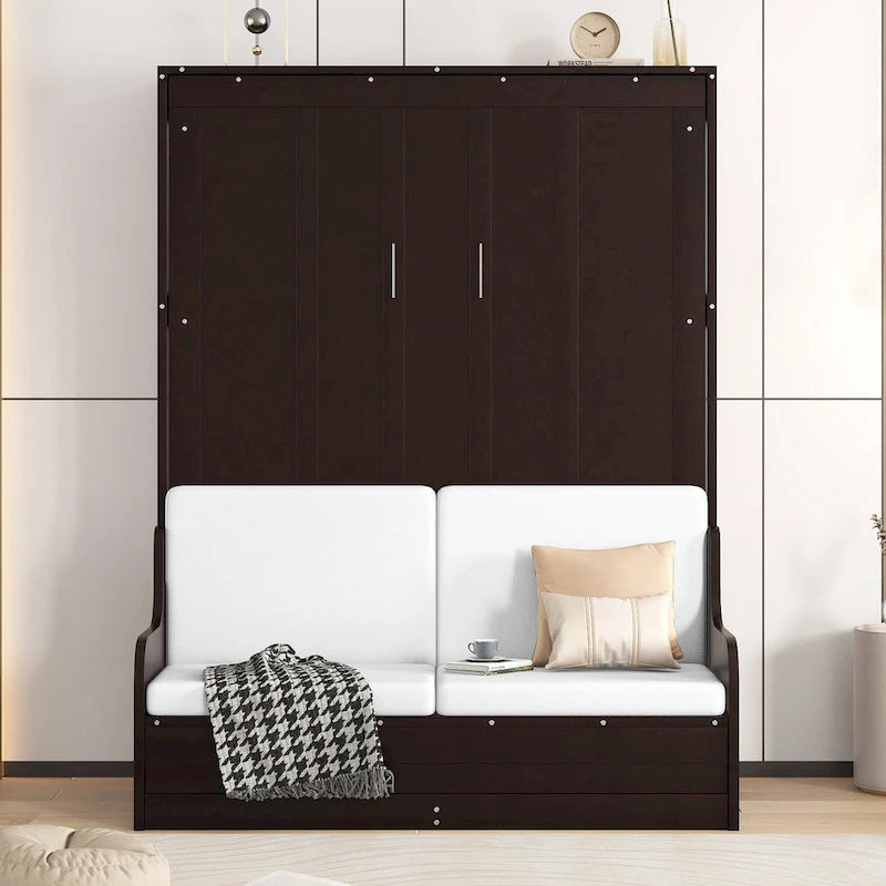 Letto a Scomparsa Matrimoniale Queen con Cuscino per Sedia – Espresso / Grigio / Bianco, 2 posti letto