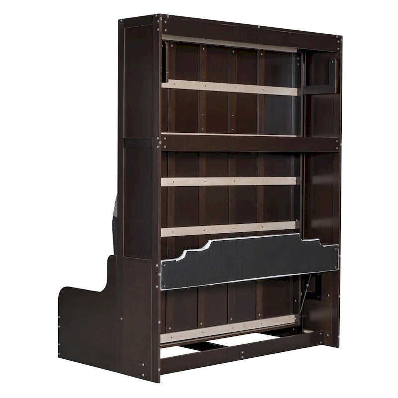 Letto a Scomparsa Matrimoniale Queen con Cuscino per Sedia – Espresso / Grigio / Bianco, 2 posti letto
