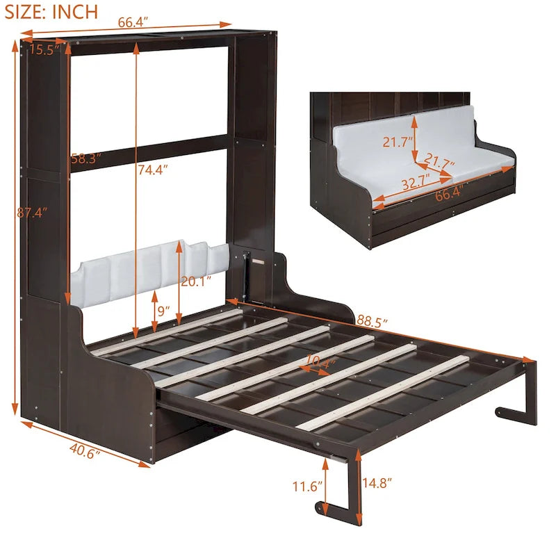 Letto a Scomparsa Matrimoniale Queen con Cuscino per Sedia – Espresso / Grigio / Bianco, 2 posti letto