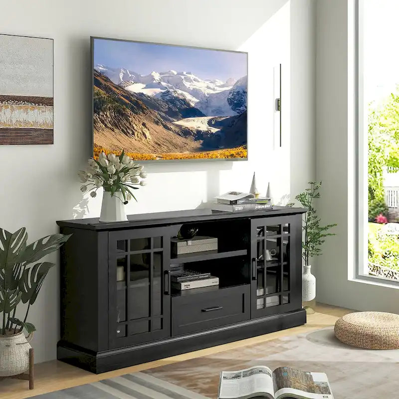 Mobile TV da fattoria nero con ante in vetro, per TV fino a 70", montaggio con 1 persona