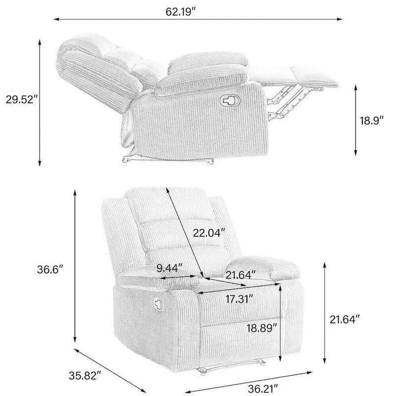 Beige / Grigio Scuro / Avena / Grigio Verde / Grigio, Velluto a coste e Cotone, Poltrona reclinabile manuale a spinta singola