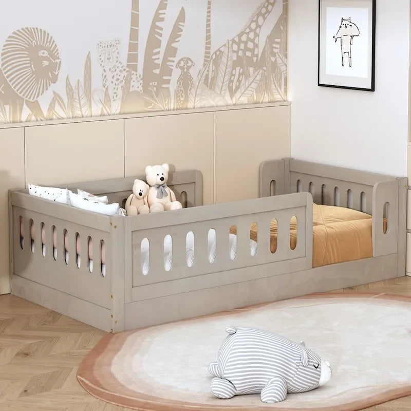 Letto a piattaforma singolo per bambini naturale/bianco con ringhiera semi-chiusa, 1 bambino
