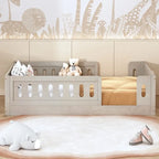 Letto a piattaforma singolo per bambini naturale/bianco con ringhiera semi-chiusa, 1 bambino