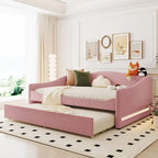 Divano-letto Teddy in pile rosa/grigio/beige con letto estraibile e luci LED – Matrimoniale, 2 posti letto
