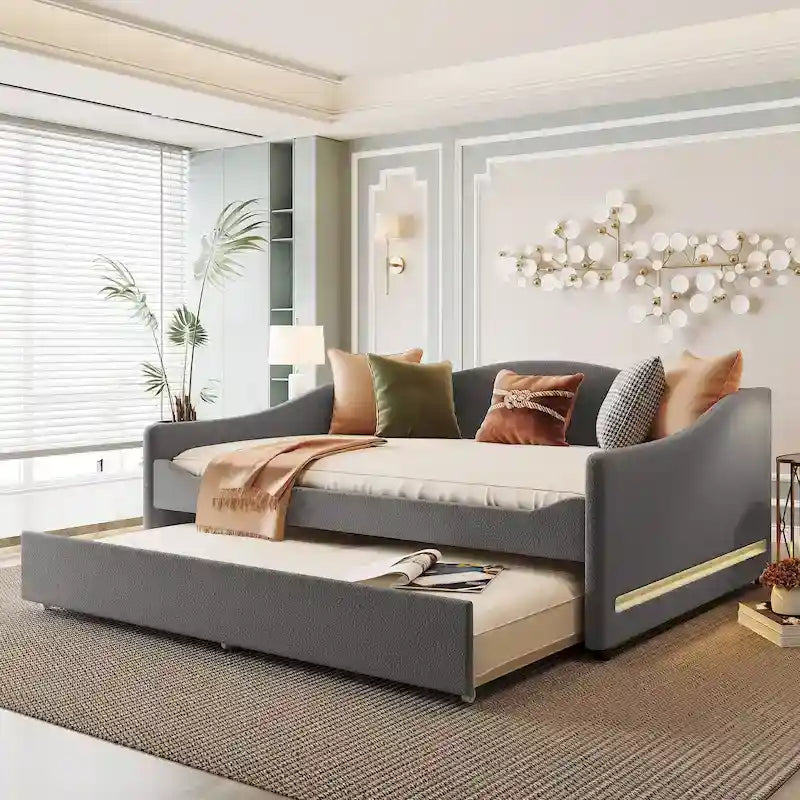 Divano-letto Teddy in pile rosa/grigio/beige con letto estraibile e luci LED – Matrimoniale, 2 posti letto