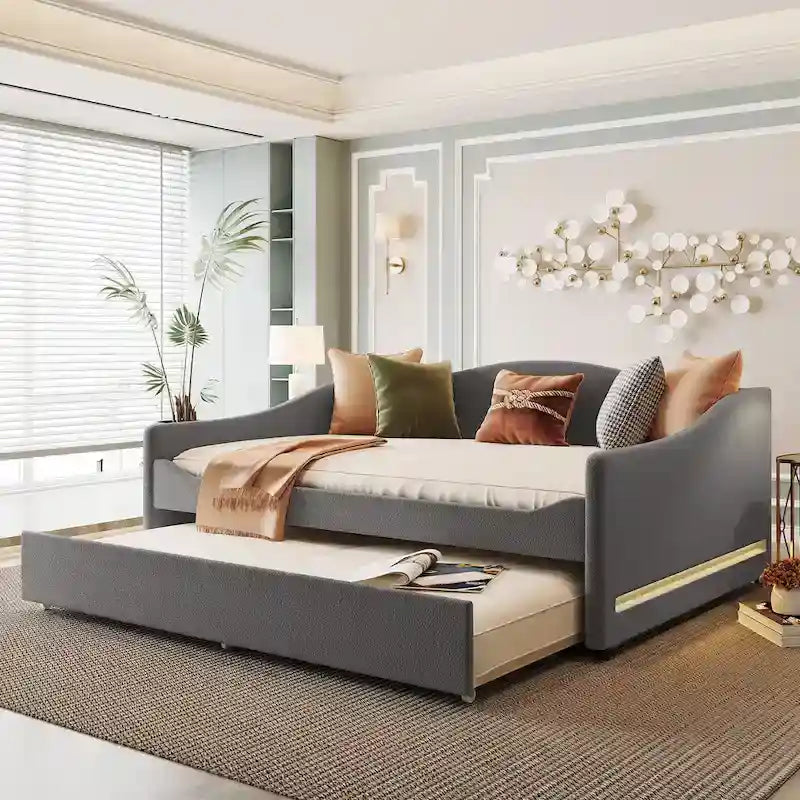 Full Teddy Fleece Daybed with Trundle and LED Lights