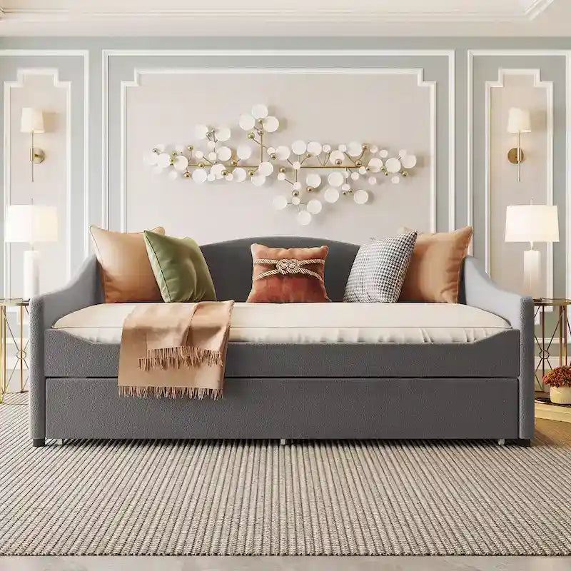 Divano-letto Teddy in pile rosa/grigio/beige con letto estraibile e luci LED – Matrimoniale, 2 posti letto