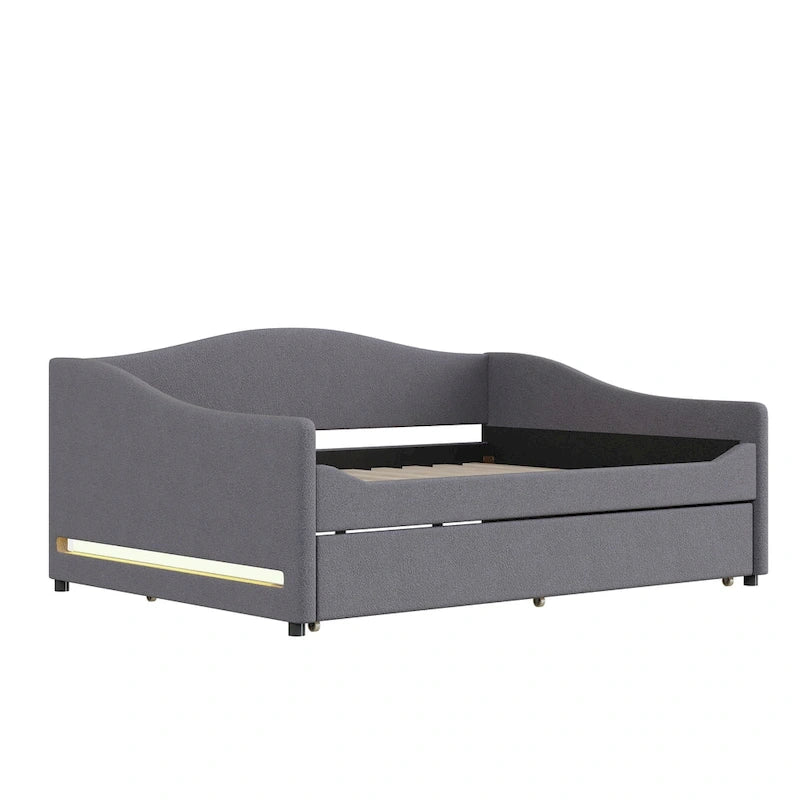 Divano-letto Teddy in pile rosa/grigio/beige con letto estraibile e luci LED – Matrimoniale, 2 posti letto