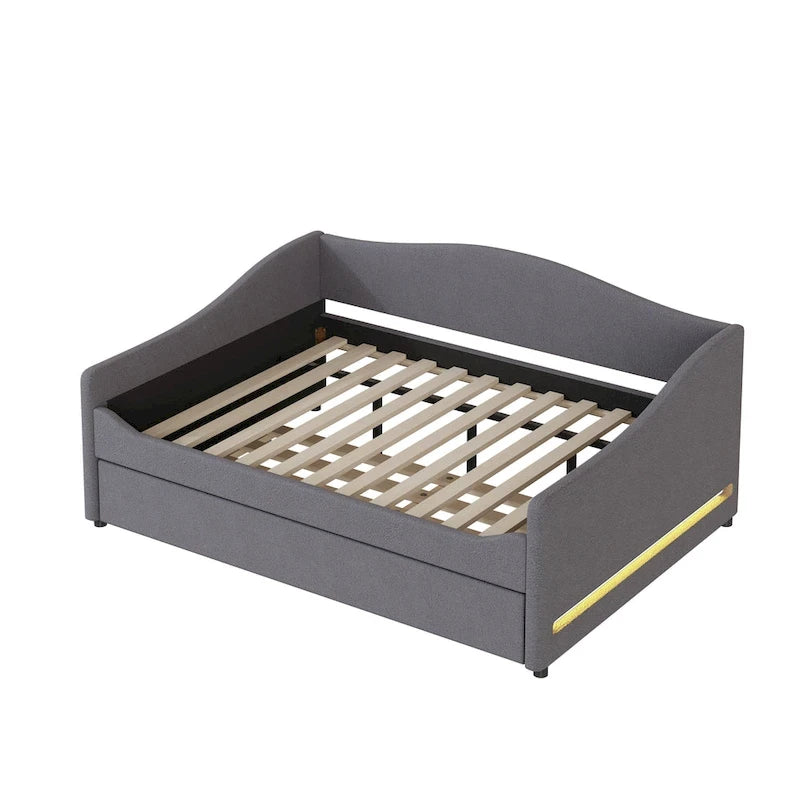 Divano-letto Teddy in pile rosa/grigio/beige con letto estraibile e luci LED – Matrimoniale, 2 posti letto