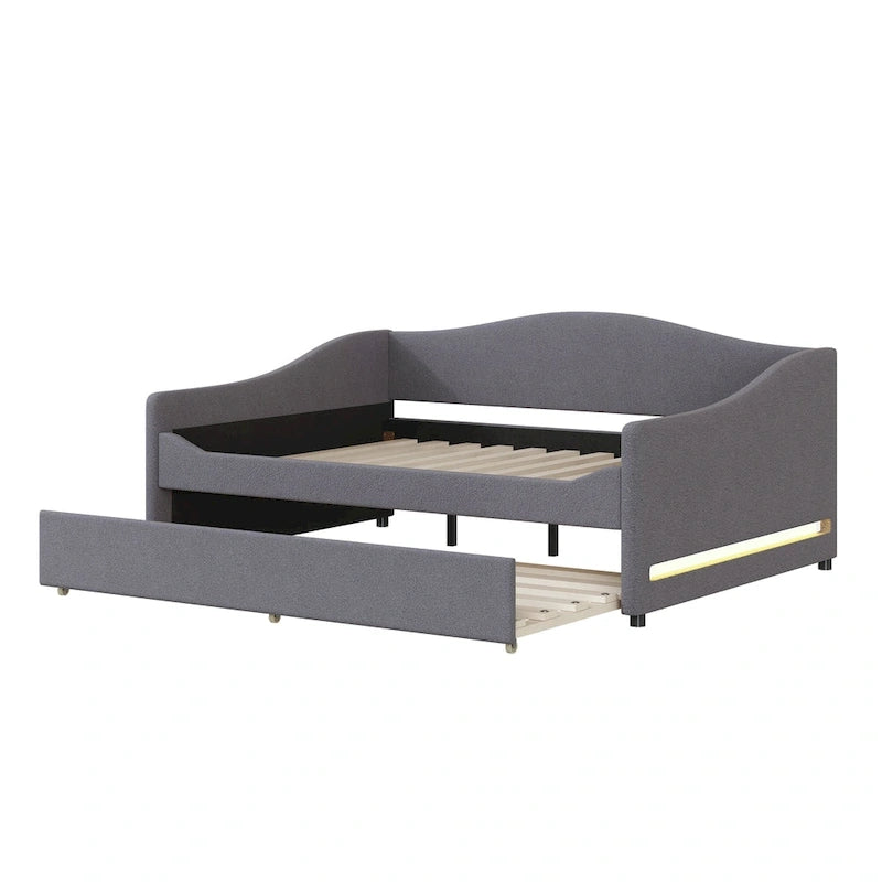 Divano-letto Teddy in pile rosa/grigio/beige con letto estraibile e luci LED – Matrimoniale, 2 posti letto