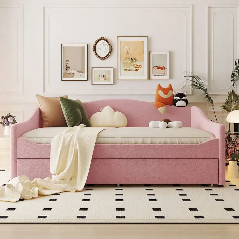 Divano-letto Teddy in pile rosa/grigio/beige con letto estraibile e luci LED – Matrimoniale, 2 posti letto