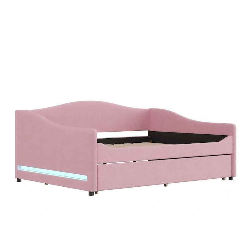 Divano-letto Teddy in pile rosa/grigio/beige con letto estraibile e luci LED – Matrimoniale, 2 posti letto