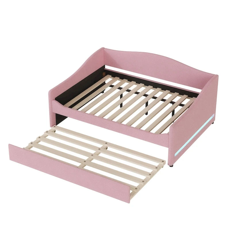 Divano-letto Teddy in pile rosa/grigio/beige con letto estraibile e luci LED – Matrimoniale, 2 posti letto