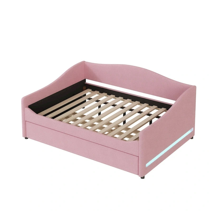 Divano-letto Teddy in pile rosa/grigio/beige con letto estraibile e luci LED – Matrimoniale, 2 posti letto