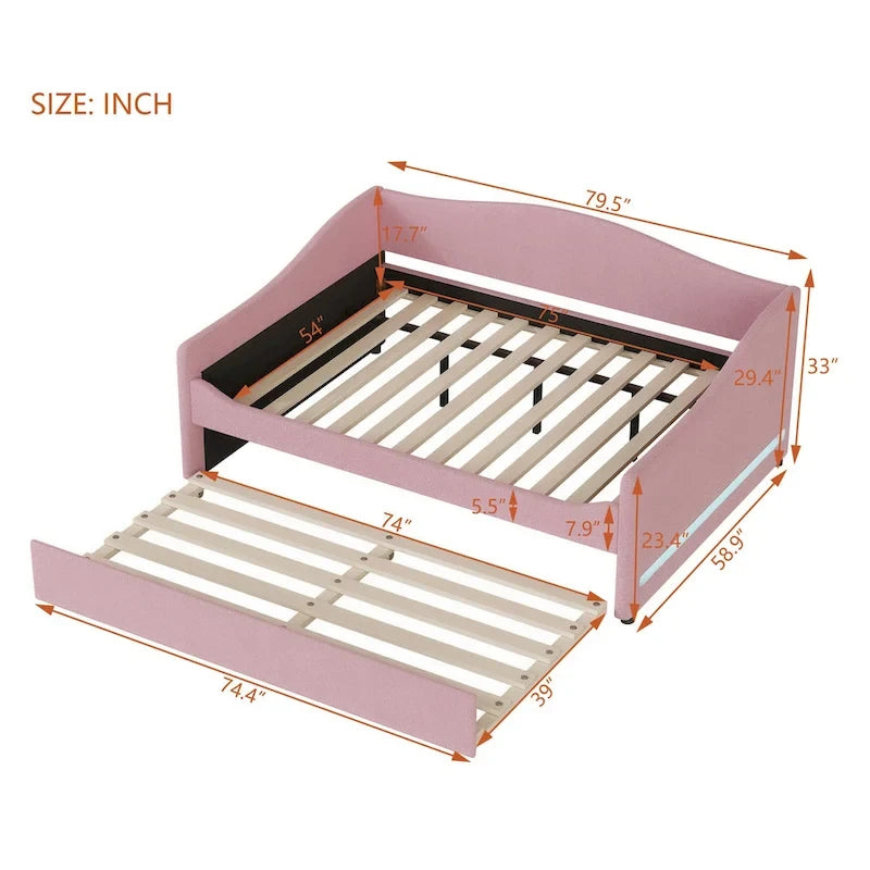 Divano-letto Teddy in pile rosa/grigio/beige con letto estraibile e luci LED – Matrimoniale, 2 posti letto