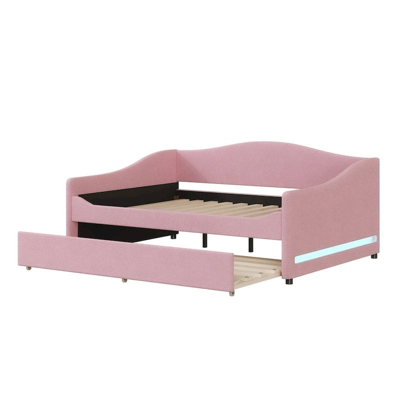 Divano-letto Teddy in pile rosa/grigio/beige con letto estraibile e luci LED – Matrimoniale, 2 posti letto