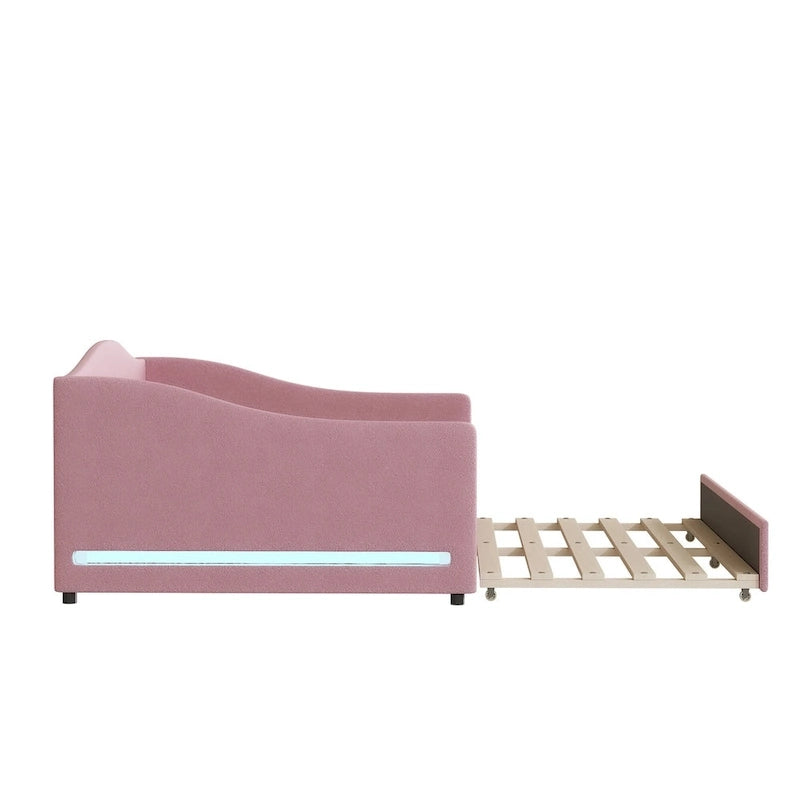 Divano-letto Teddy in pile rosa/grigio/beige con letto estraibile e luci LED – Matrimoniale, 2 posti letto