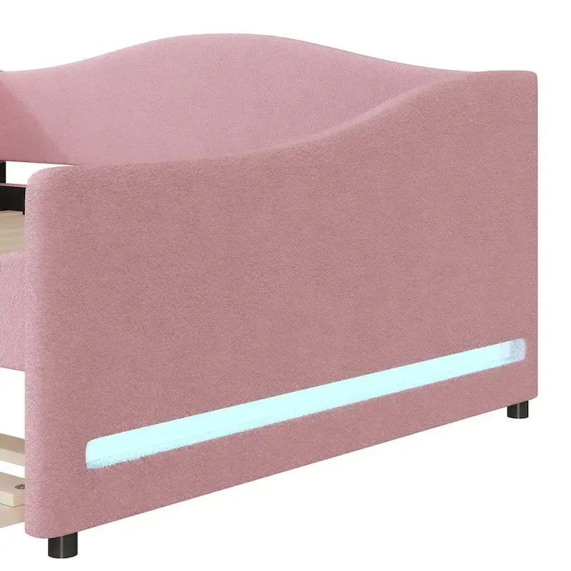 Divano-letto Teddy in pile rosa/grigio/beige con letto estraibile e luci LED – Matrimoniale, 2 posti letto