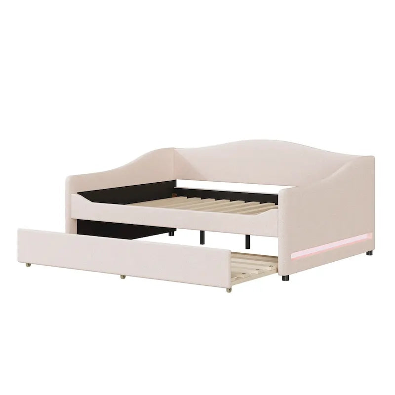 Divano-letto Teddy in pile rosa/grigio/beige con letto estraibile e luci LED – Matrimoniale, 2 posti letto