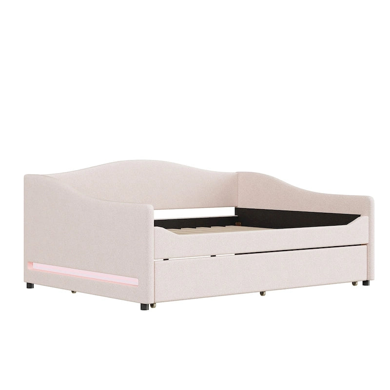 Divano-letto Teddy in pile rosa/grigio/beige con letto estraibile e luci LED – Matrimoniale, 2 posti letto