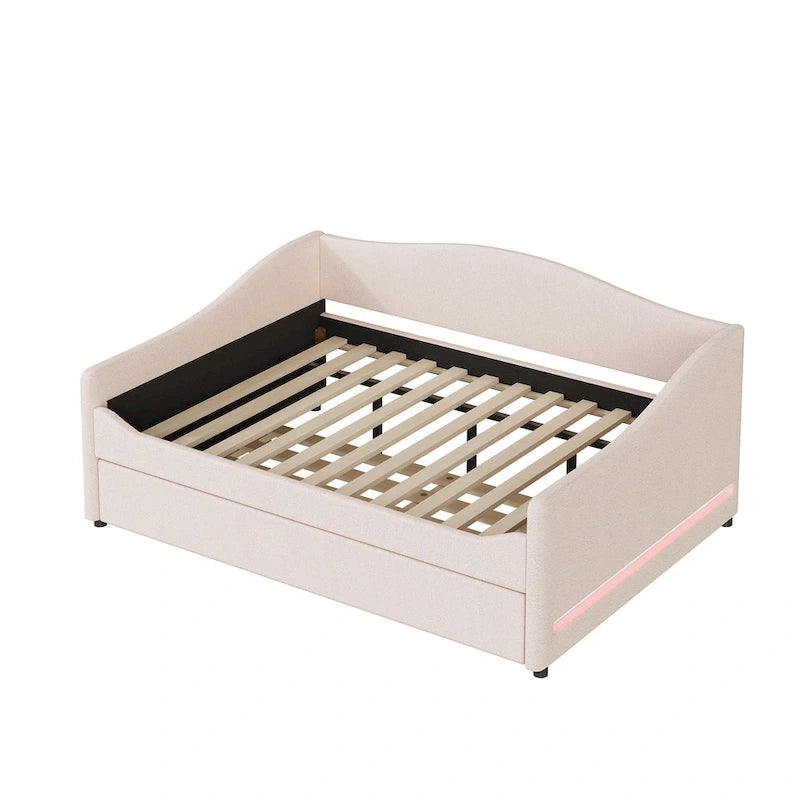 Divano-letto Teddy in pile rosa/grigio/beige con letto estraibile e luci LED – Matrimoniale, 2 posti letto