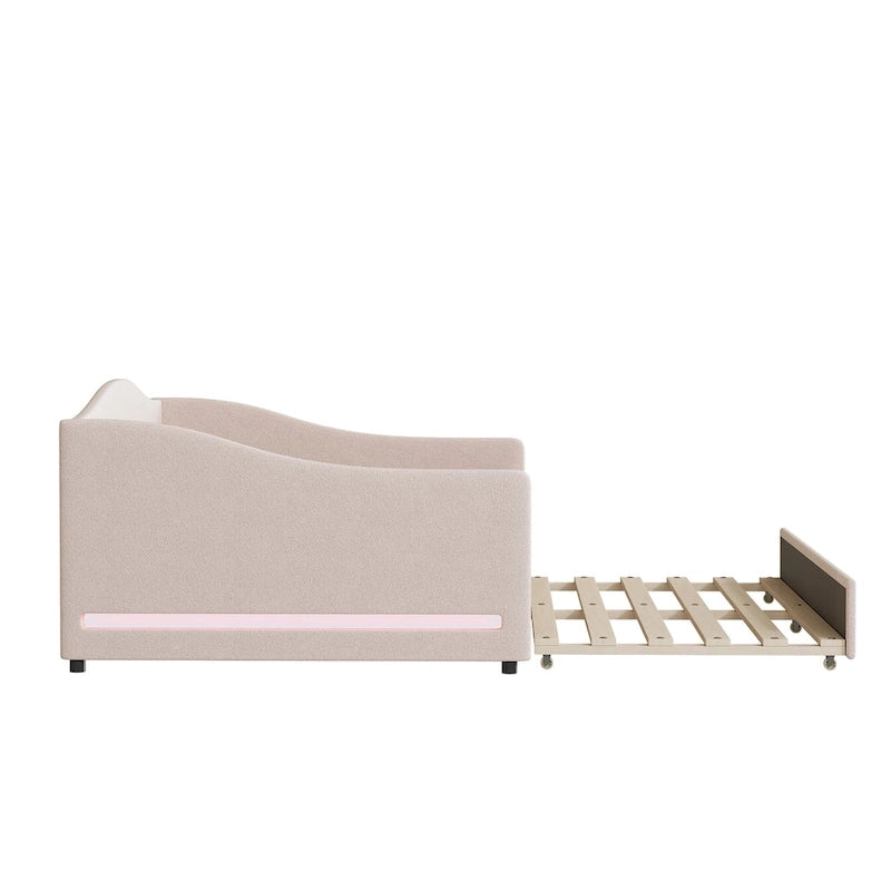 Divano-letto Teddy in pile rosa/grigio/beige con letto estraibile e luci LED – Matrimoniale, 2 posti letto