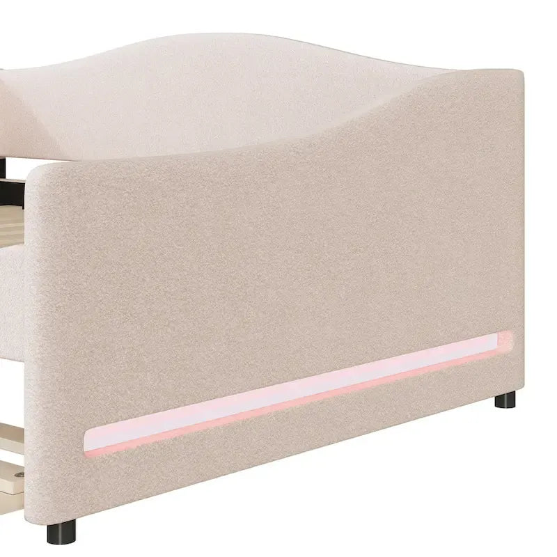 Divano-letto Teddy in pile rosa/grigio/beige con letto estraibile e luci LED – Matrimoniale, 2 posti letto
