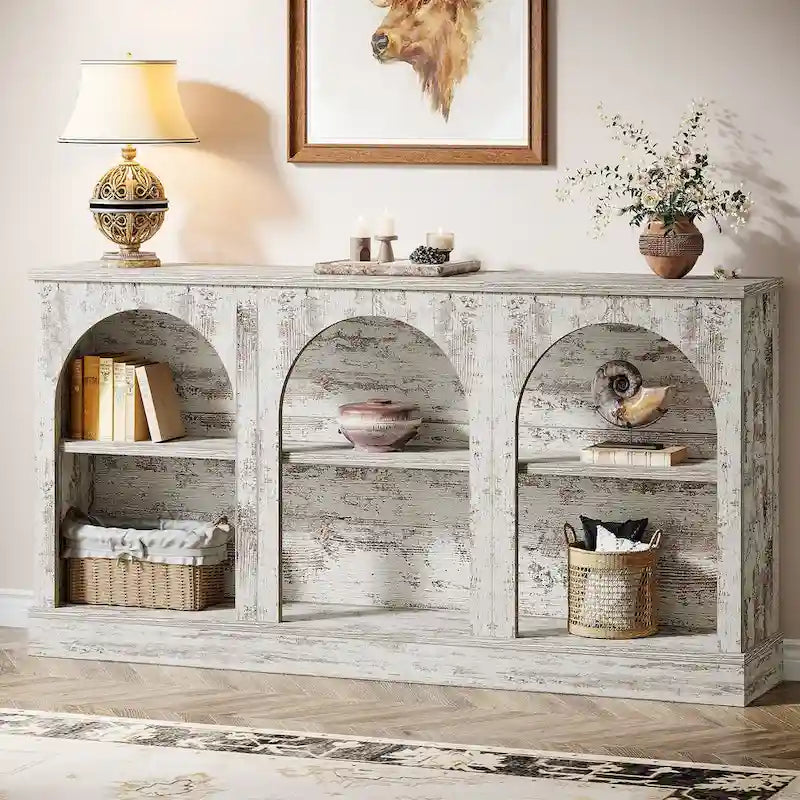 Consolle rustica bianca/marrone/nera, 3 ripiani, montaggio a 1 persona, 160 cm L