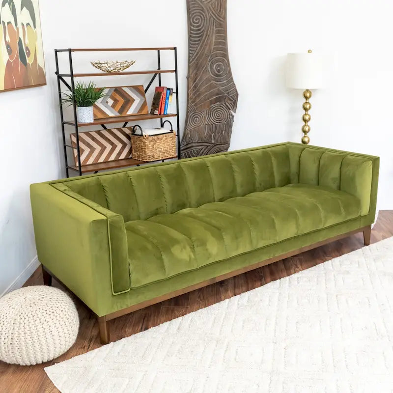 Divano due posti in velluto verde, stile moderno di metà secolo