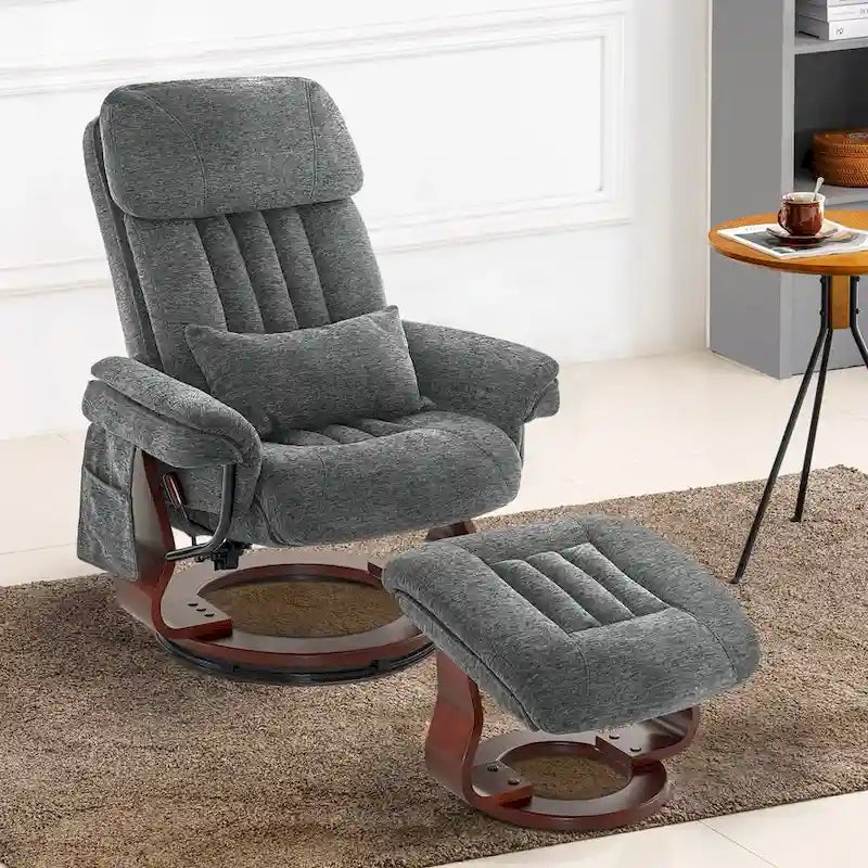 Poltrona reclinabile girevole a 360° in similpelle grigio / blu / grigio scuro con poggiapiedi, monoposto