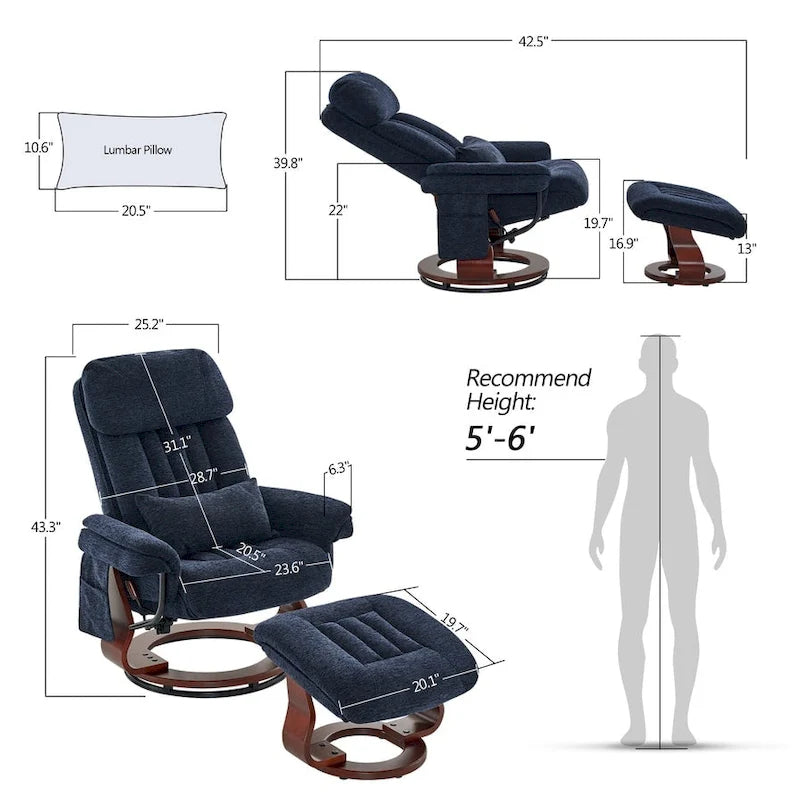 Poltrona reclinabile girevole a 360° in similpelle grigio / blu / grigio scuro con poggiapiedi, monoposto