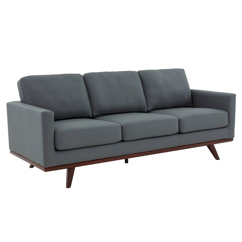 Divano a 3 posti in similpelle color Cognac Tan / Nero / Blu Navy / Bianco / Grigio, con braccioli squadrati e gambe coniche in legno