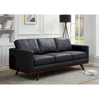 Divano a 3 posti in similpelle color Cognac Tan / Nero / Blu Navy / Bianco / Grigio, con braccioli squadrati e gambe coniche in legno