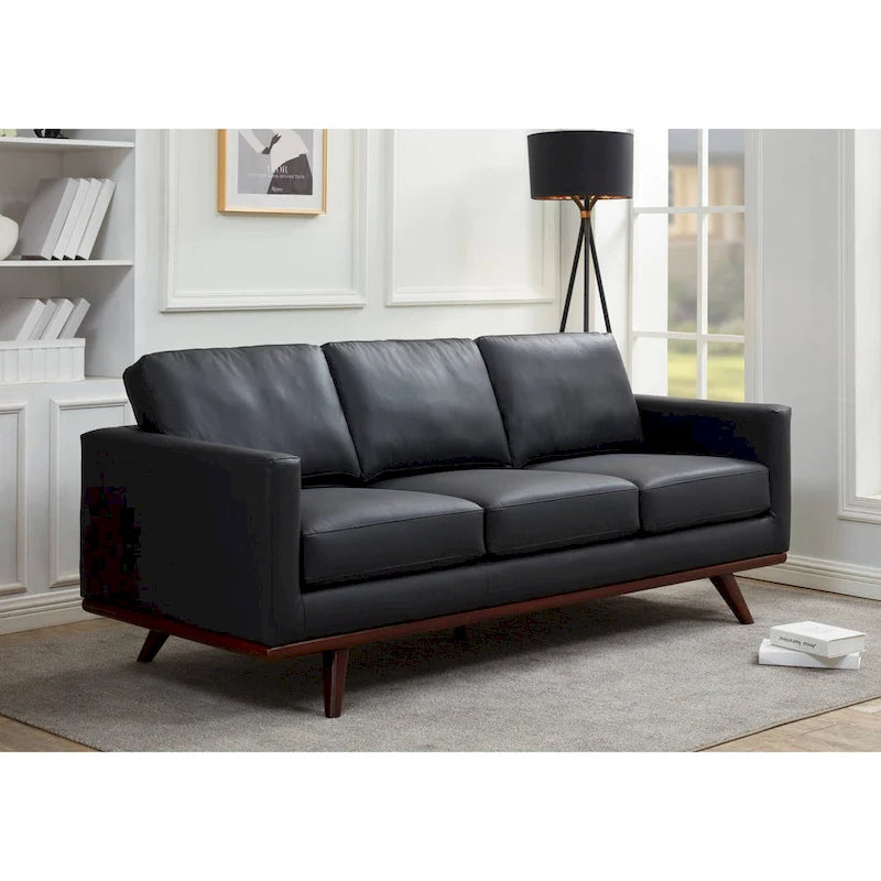 Divano a 3 posti in similpelle color Cognac Tan / Nero / Blu Navy / Bianco / Grigio, con braccioli squadrati e gambe coniche in legno