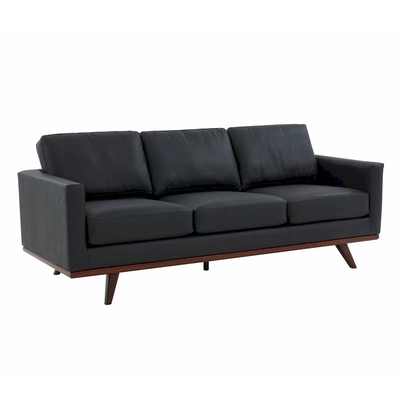 Divano a 3 posti in similpelle color Cognac Tan / Nero / Blu Navy / Bianco / Grigio, con braccioli squadrati e gambe coniche in legno