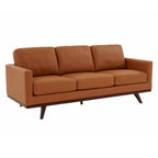 Divano a 3 posti in similpelle color Cognac Tan / Nero / Blu Navy / Bianco / Grigio, con braccioli squadrati e gambe coniche in legno