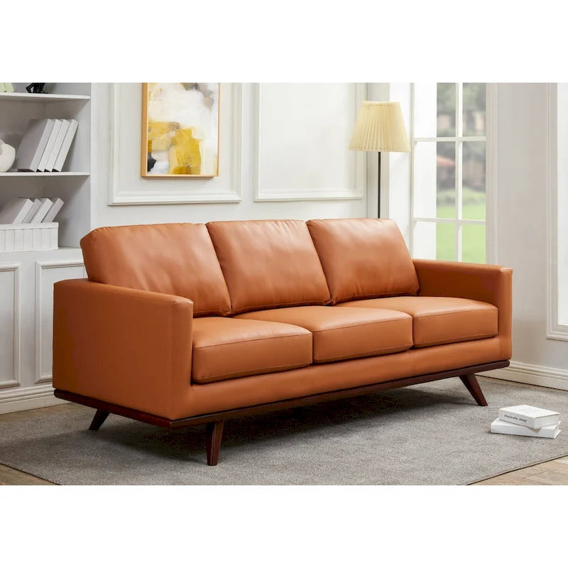 Divano a 3 posti in similpelle color Cognac Tan / Nero / Blu Navy / Bianco / Grigio, con braccioli squadrati e gambe coniche in legno