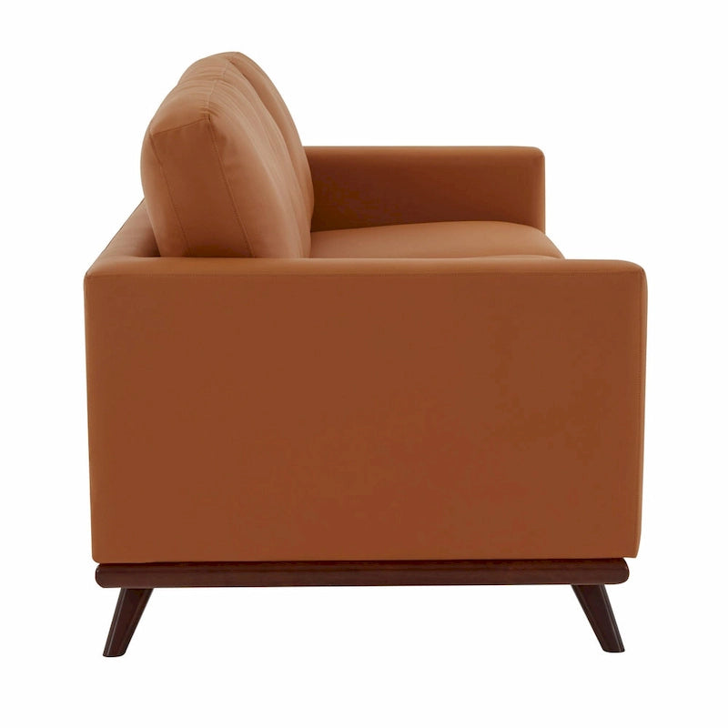 Divano a 3 posti in similpelle color Cognac Tan / Nero / Blu Navy / Bianco / Grigio, con braccioli squadrati e gambe coniche in legno