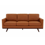 Divano a 3 posti in similpelle color Cognac Tan / Nero / Blu Navy / Bianco / Grigio, con braccioli squadrati e gambe coniche in legno