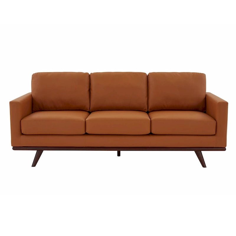 Divano a 3 posti in similpelle color Cognac Tan / Nero / Blu Navy / Bianco / Grigio, con braccioli squadrati e gambe coniche in legno