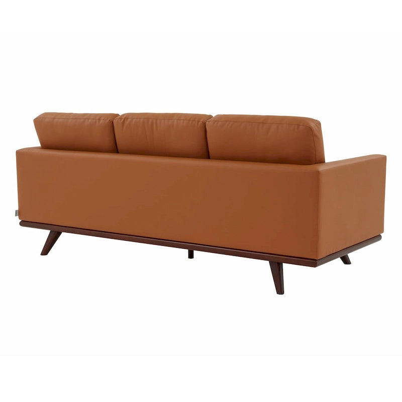 Divano a 3 posti in similpelle color Cognac Tan / Nero / Blu Navy / Bianco / Grigio, con braccioli squadrati e gambe coniche in legno