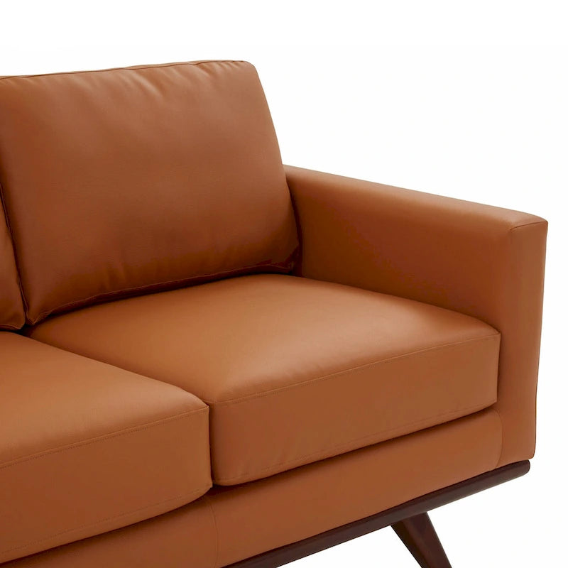 Divano a 3 posti in similpelle color Cognac Tan / Nero / Blu Navy / Bianco / Grigio, con braccioli squadrati e gambe coniche in legno