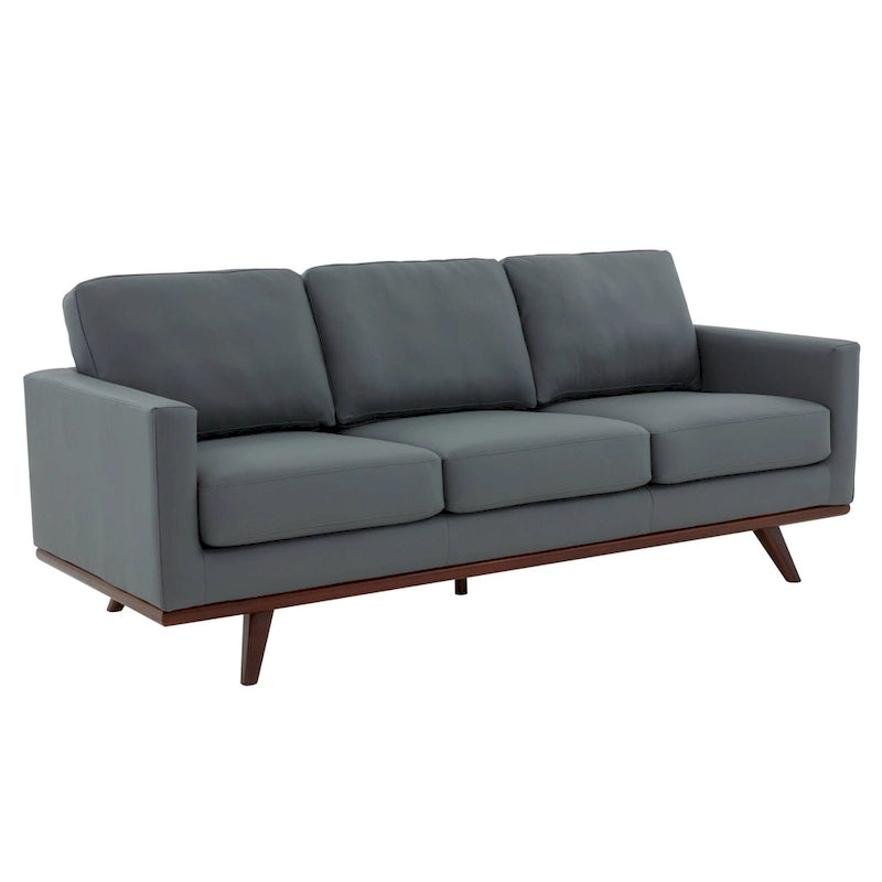 Divano a 3 posti in similpelle color Cognac Tan / Nero / Blu Navy / Bianco / Grigio, con braccioli squadrati e gambe coniche in legno