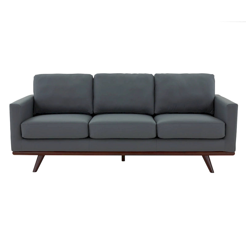 Divano a 3 posti in similpelle color Cognac Tan / Nero / Blu Navy / Bianco / Grigio, con braccioli squadrati e gambe coniche in legno