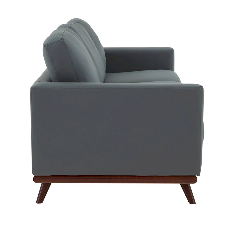Divano a 3 posti in similpelle color Cognac Tan / Nero / Blu Navy / Bianco / Grigio, con braccioli squadrati e gambe coniche in legno