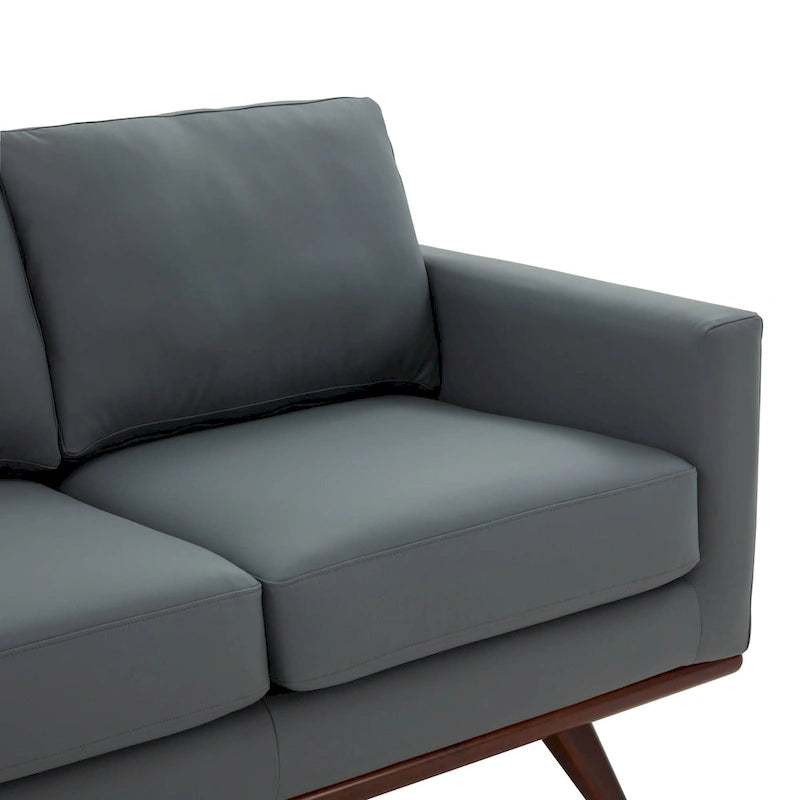Divano a 3 posti in similpelle color Cognac Tan / Nero / Blu Navy / Bianco / Grigio, con braccioli squadrati e gambe coniche in legno