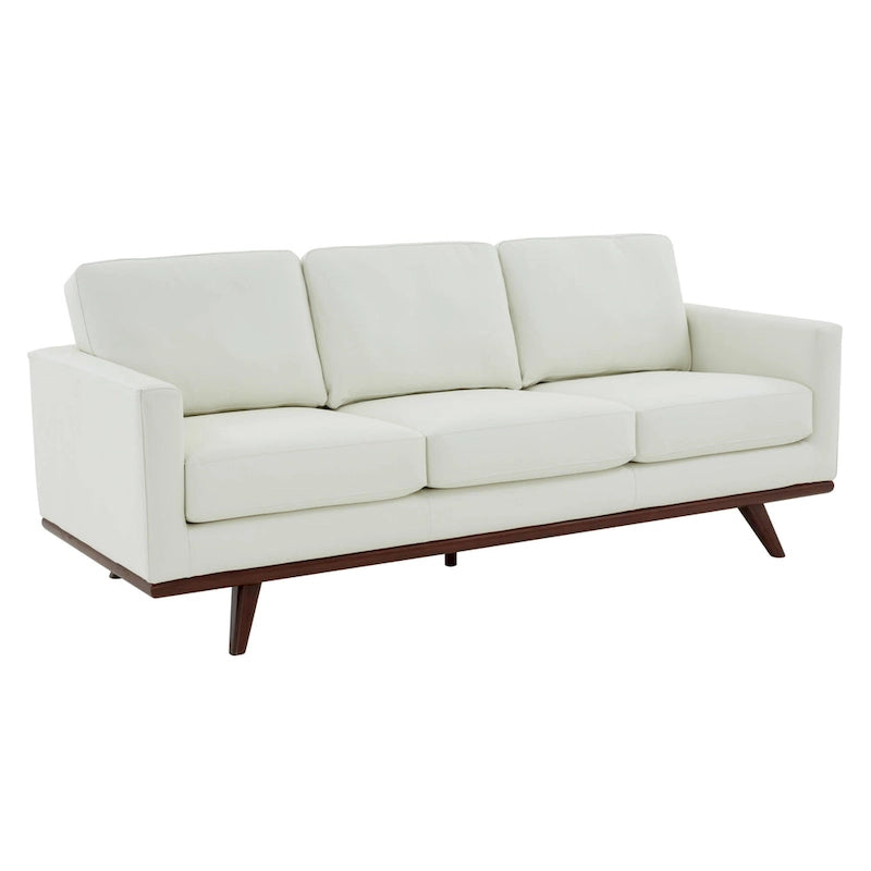 Divano a 3 posti in similpelle color Cognac Tan / Nero / Blu Navy / Bianco / Grigio, con braccioli squadrati e gambe coniche in legno