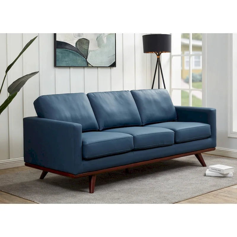 Divano a 3 posti in similpelle color Cognac Tan / Nero / Blu Navy / Bianco / Grigio, con braccioli squadrati e gambe coniche in legno