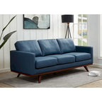 Divano a 3 posti in similpelle color Cognac Tan / Nero / Blu Navy / Bianco / Grigio, con braccioli squadrati e gambe coniche in legno