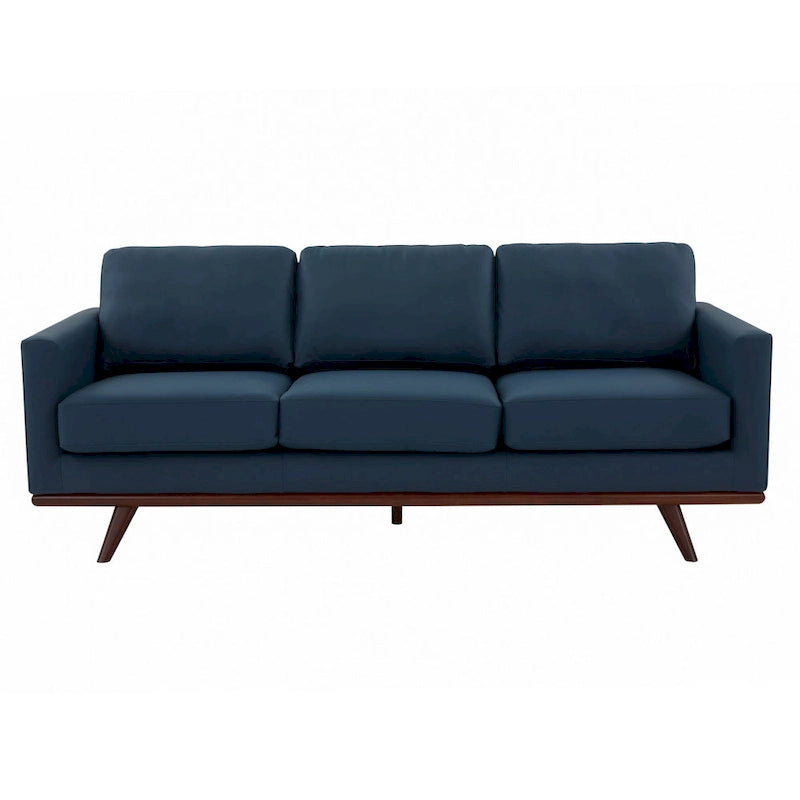 Divano a 3 posti in similpelle color Cognac Tan / Nero / Blu Navy / Bianco / Grigio, con braccioli squadrati e gambe coniche in legno